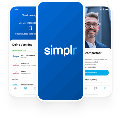 Drei Handy Displays: auf dem linken sieht man eine Verträgen Auflistung, in der Mitte das simplr Logo, und auf dem rechten einen Ansprechpartner mit Daten sowie die Optionen E-Mail schreiben und anrufen.