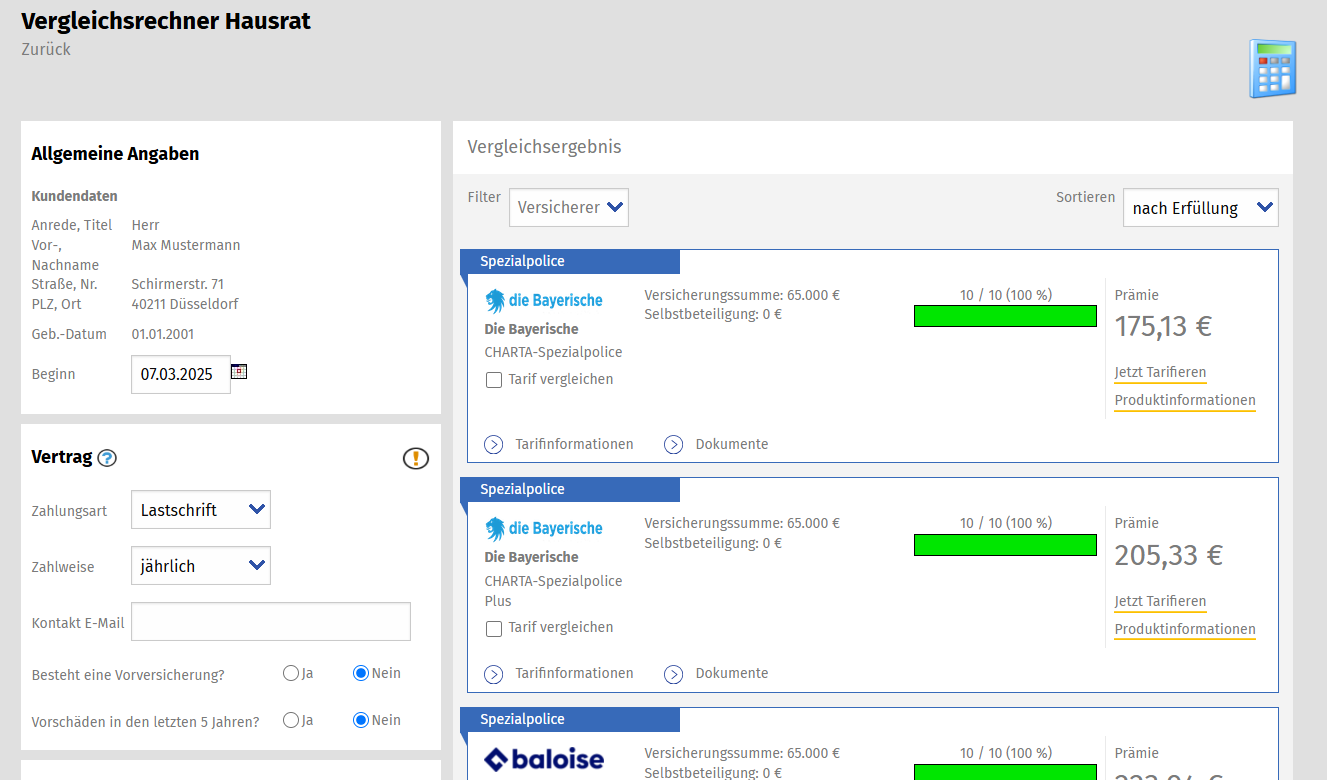 Links sind die allgemeinen Angaben sowie Fragen zum Vertrag. In der Mitte bzw. rechts sieht man das Vergleichsergebnis mit Prämien.
