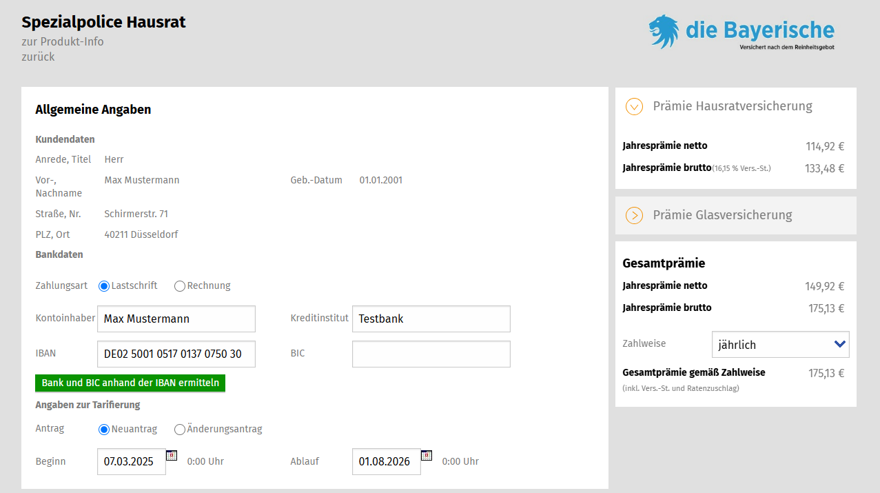 Einzeltarifrechner Hausrat: Links sind die allgemeinen Angaben. Rechts sieht man zwei Prämienarten in Netto und Brutto sowie die Gesamtprämie.