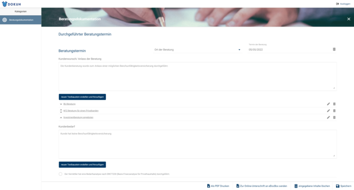 Beratungsdokumentation Fenster auf DoKuh mit dem Termin, Ort der Beratung, und die Option zum Hinzufügen eines neuen Termins.