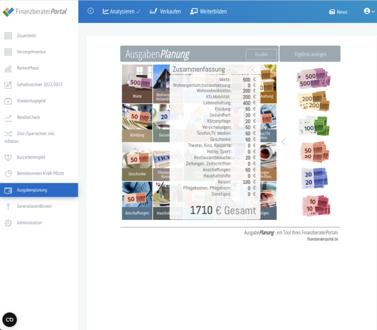 FinanzberaterPortal Dashboard mit der Seite der Ausgabenplanung, Die Ausgaben sind in einer Liste zusammengefasst. Unten ist der Gesamtbetrag zu sehen.