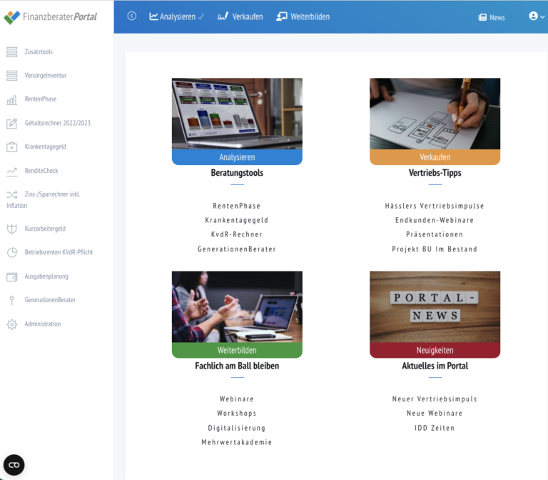 FinanzberaterPortal Dashboard mit den Funktionen links sowie verschiedene Dienste wie Vertriebs-Tipps, Weiterbildungsmöglichkeiten und Neuigkeiten.