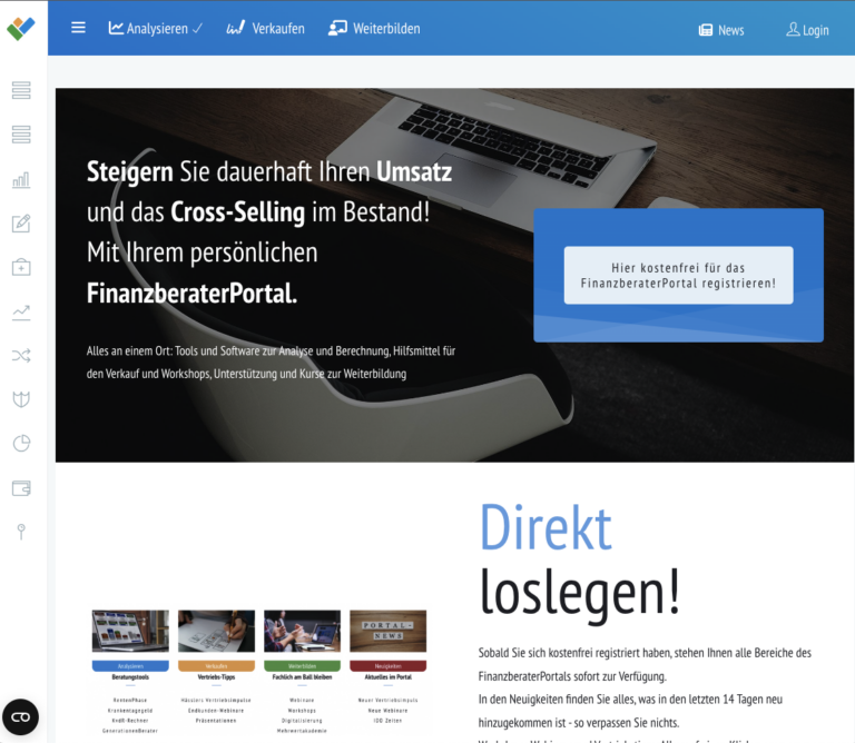 Auf der FinanzberaterPortal Startseite geht es oben um die kostenfreie Registrierung mit dem Button rechts und dem Text Links. Unten steht der Text Direkt loslegen mit den Bereichen.