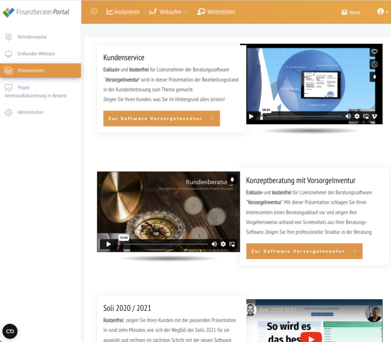 FinanzberaterPortal Dashboard mit der Seite der Präsentationen. Dazu gehört einmal ein Video über das Kundenservice, eins über die Konzeptberatung mit VorsorgeInventur, und eine Präsentation zu Soli 2020 / 2021.