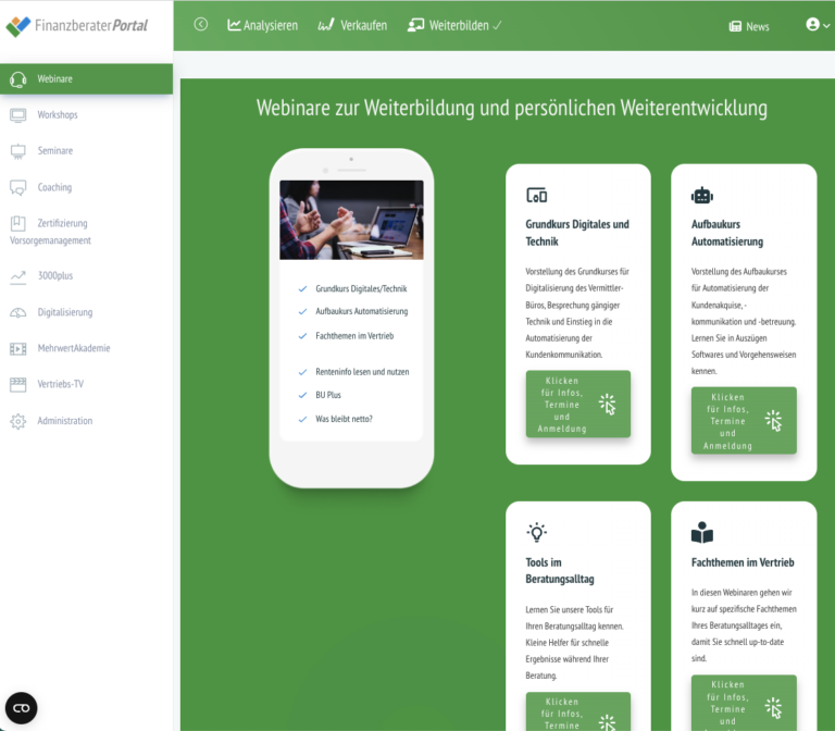 FinanzberaterPortal Dashboard mit der Seite der Webinare in grün. Dabei gibt es vier Weiterbildungsmöglichkeiten in Form eines Grundkurses, eines Aufbaukurses, Tools usw.