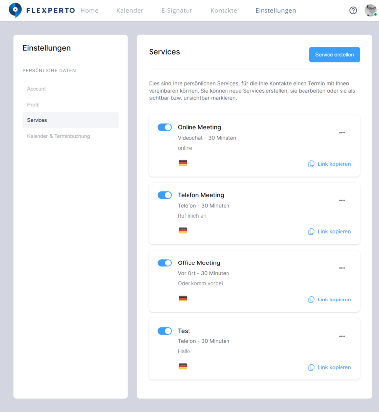 Geöffnetes Einstellungen Fenster mit persönlichen Services wie Online Meeting, Office Meeting usw.