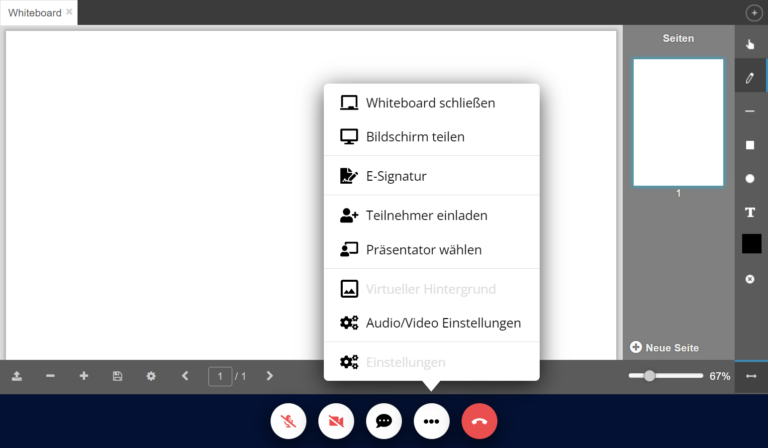 Laufendes Online Meeting mit Optionen wie Whiteboard schließen, Bildschirm teilen, E-Signatur usw.