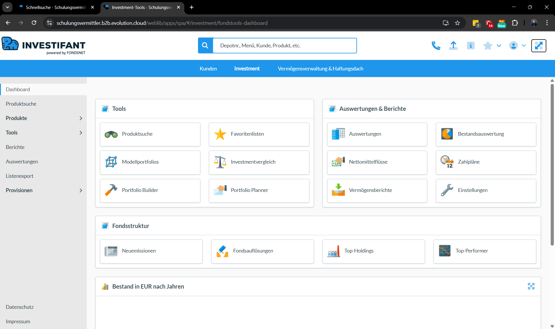 Überblick über die verschiedenen Tools und Auswertungen im INVESTIFANT