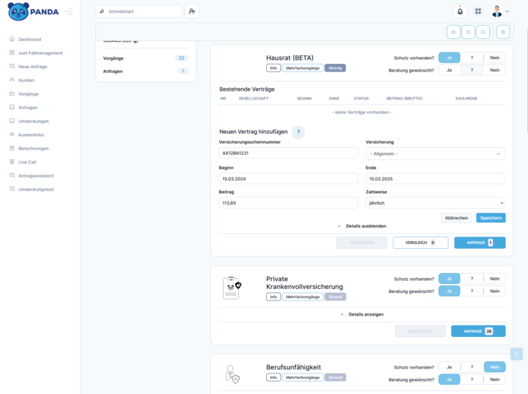 Verwaltung von dem Hausrat (Beta) Vertrag auf PANDA mit den Angaben zur privaten Krankenvollversicherung und zur Berufsunfähigkeit.