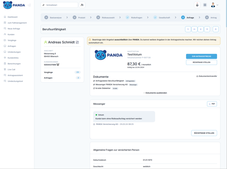 PANDA Profil der Berufsunfähigkeit mit den Dokumenten, dem Messenger und allgemeine Fragen zur versicherten Person.