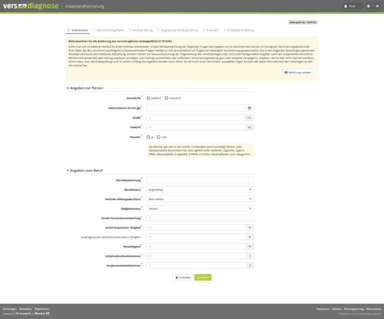 Interessent Fragenkatalog zur Person und zum Beruf, davor ein Disclaimer zur vorvertraglichen Anzeigepflicht