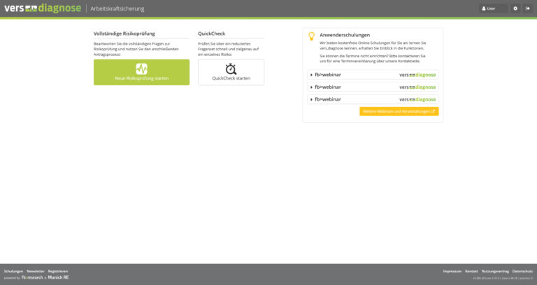 Startseite von vers.diagnose mit vollständiger Risikoprüfung, einem Quickcheck, und drei Anwenderschulungen