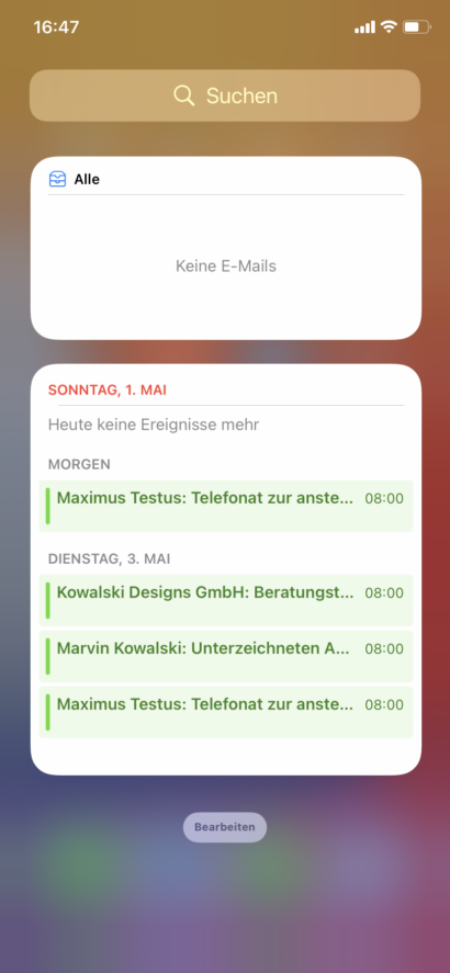 Handydisplay mit Erinnerungen am Sonntag für die Termine am Montag und Dienstag.