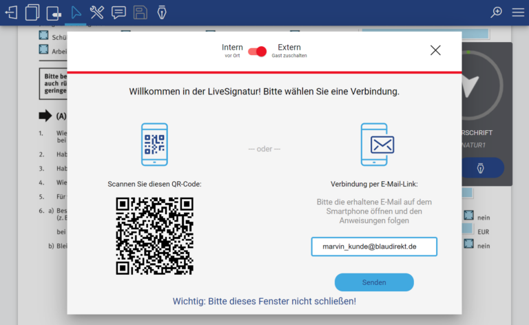 eDocBox Fenster mit LiveSignatur, entweder mit QR-Code oder eine E-Mail Verbindung.