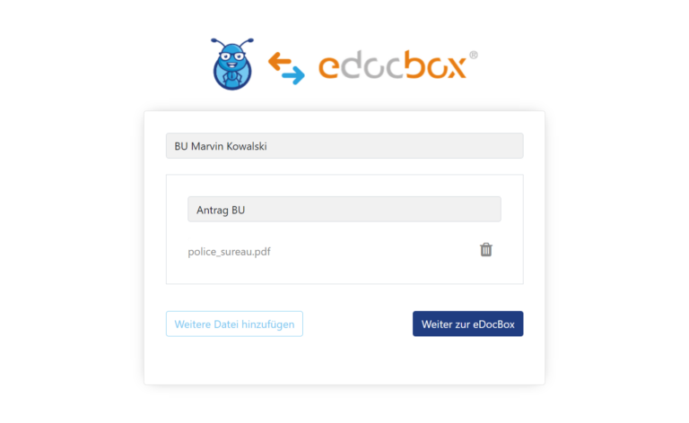 eDocBox Profil mit hinzufügendem Antragsdokument.