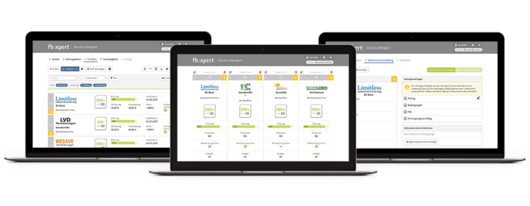 Drei Laptops mit zwei Vergleichsrechner fb>xpert Seiten und eine Dokumentenstellung Seite zur Berufsunfähigkeit.