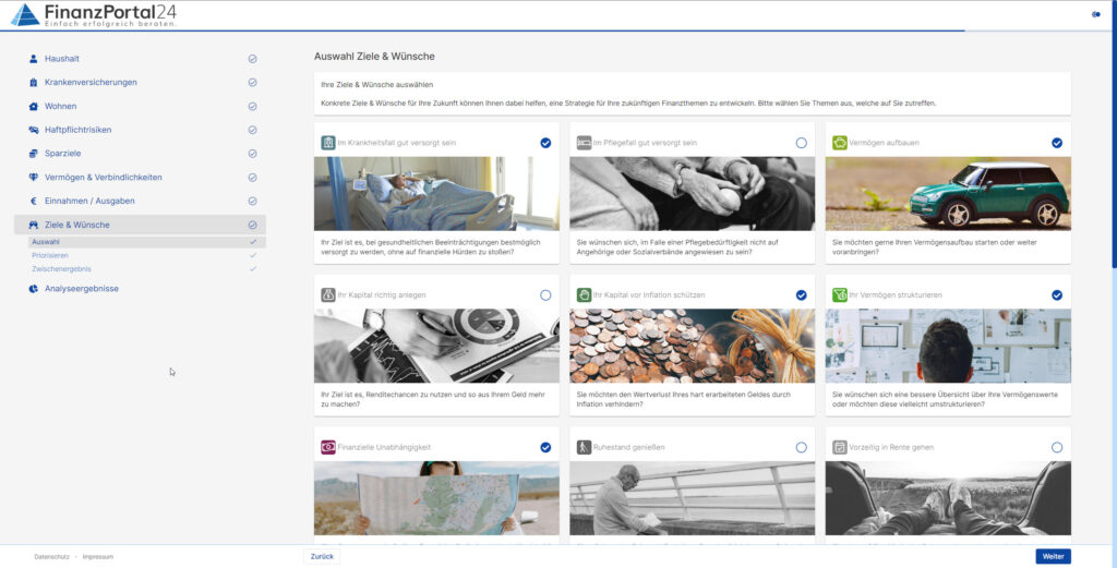 Die Kundinnen und Kunden können selbstständig ihre Ziele und Wünsche auf Finanzportal24 auswählen und priorisieren. Jedes Ziel bzw. Wunsch hat seinen eigenen Beitrag und Bild.