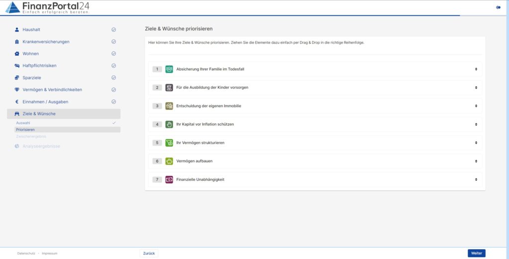 Unter Ziele und Wünsche können die Kundinnen und Kunden ihre Ziele und Wünsche auch priorisieren, nachdem sie sie ausgewählt haben.