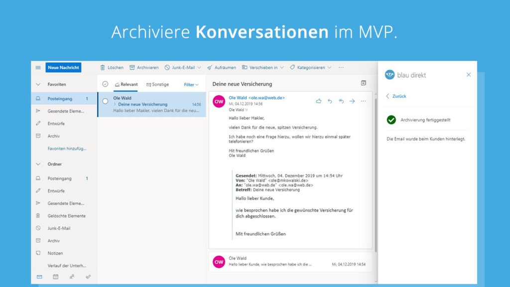 Outlook Posteingang mit einer geöffneten E-Mail.