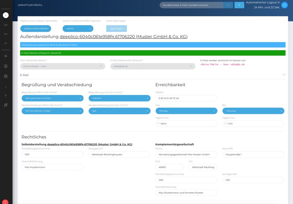 Individuelle Einstellungen zur Begrüßung und Verabschiedung und zur Erreichbarkeit.
