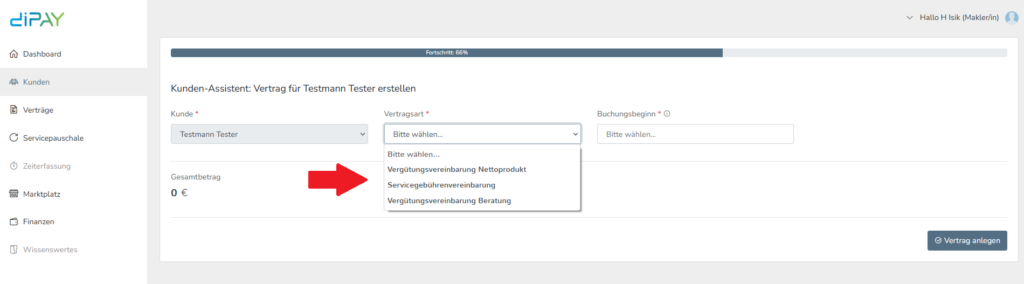 Bei der Vertragserstellung kann man zwischen drei Vertragsarten auswählen, z.B Servicegebührenvereinbarung.