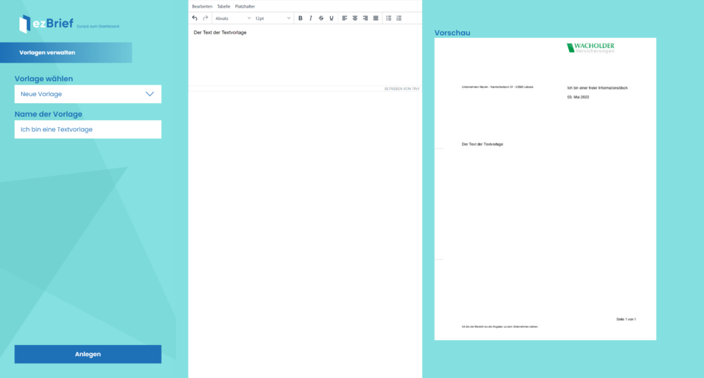 Unter Vorlagen verwalten kann man eine Vorlage wählen und benennen. Rechts befindest sich das Vorschau.