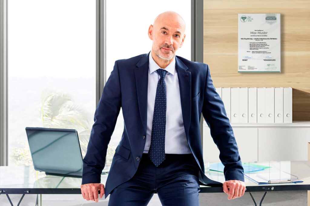 Makler lehnt sich an dem Schreibtisch zurück. Auf dem Schreibtisch ist ein Laptop und Dokumente zu sehen.