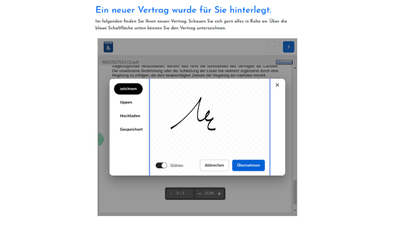 Anfrage zur digitalen Unterschrift eines Vertrags.