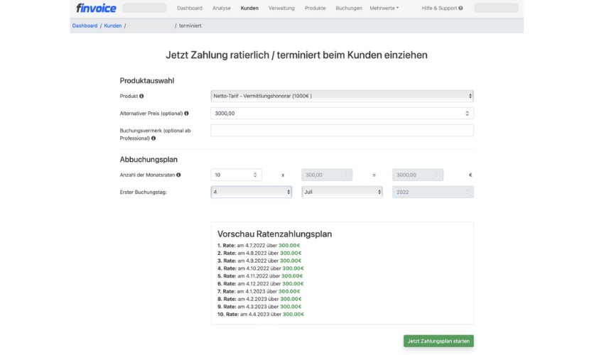 Ratenzahlungsmöglichkeiten mit Produktauswahl, dem Abbuchungsplan, und ein Vorschau des Ratenzahlungsplans.