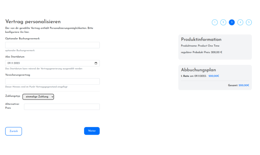 Personalisierungsmöglichkeiten eines Vertrags wie zum Beispiel Zahlungstyp und alternativer Preis