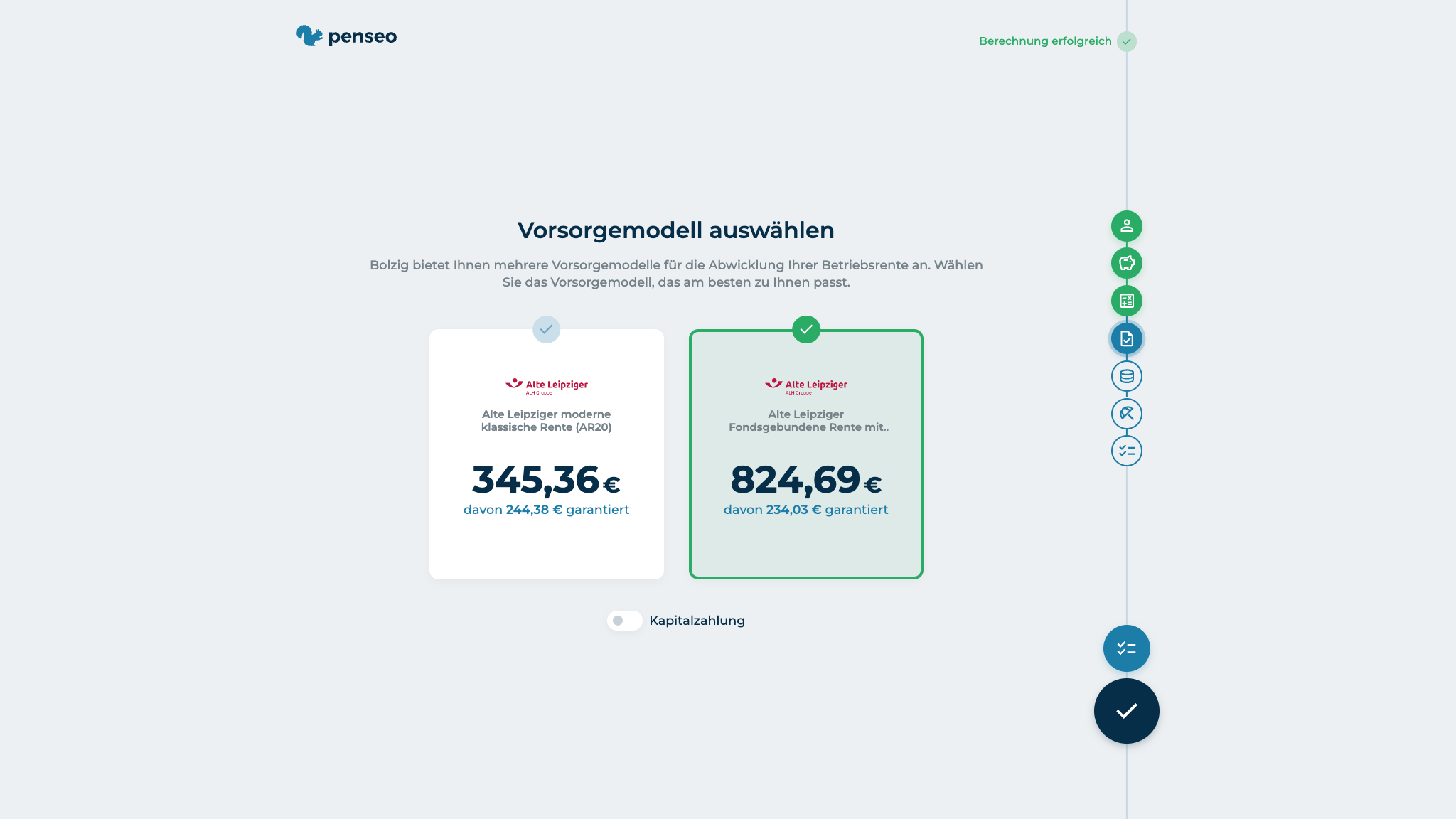 Vorsorgeauswahl zwischen zwei Modellen mit oder ohne Kapitalzahlung