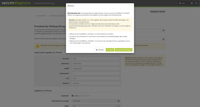 Kleines Abschlussfenster mit zwei Optionen, eine um das Protokoll anzusenden und eine um den Antrag zu vervollständigen